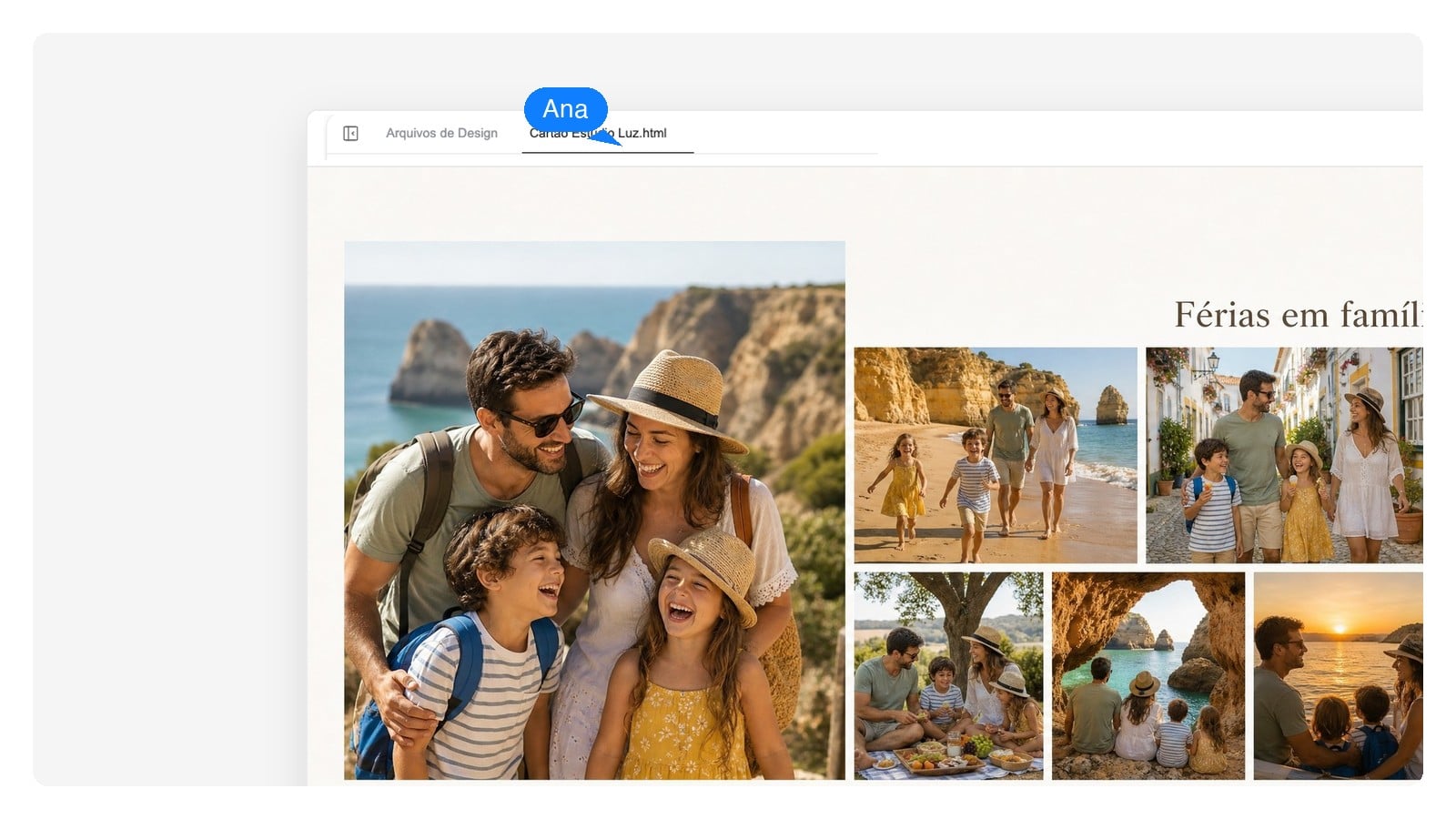 Colagem de fotos de família aberta em uma visão de editor, com cada foto, o título e a legenda listados como camadas separadas