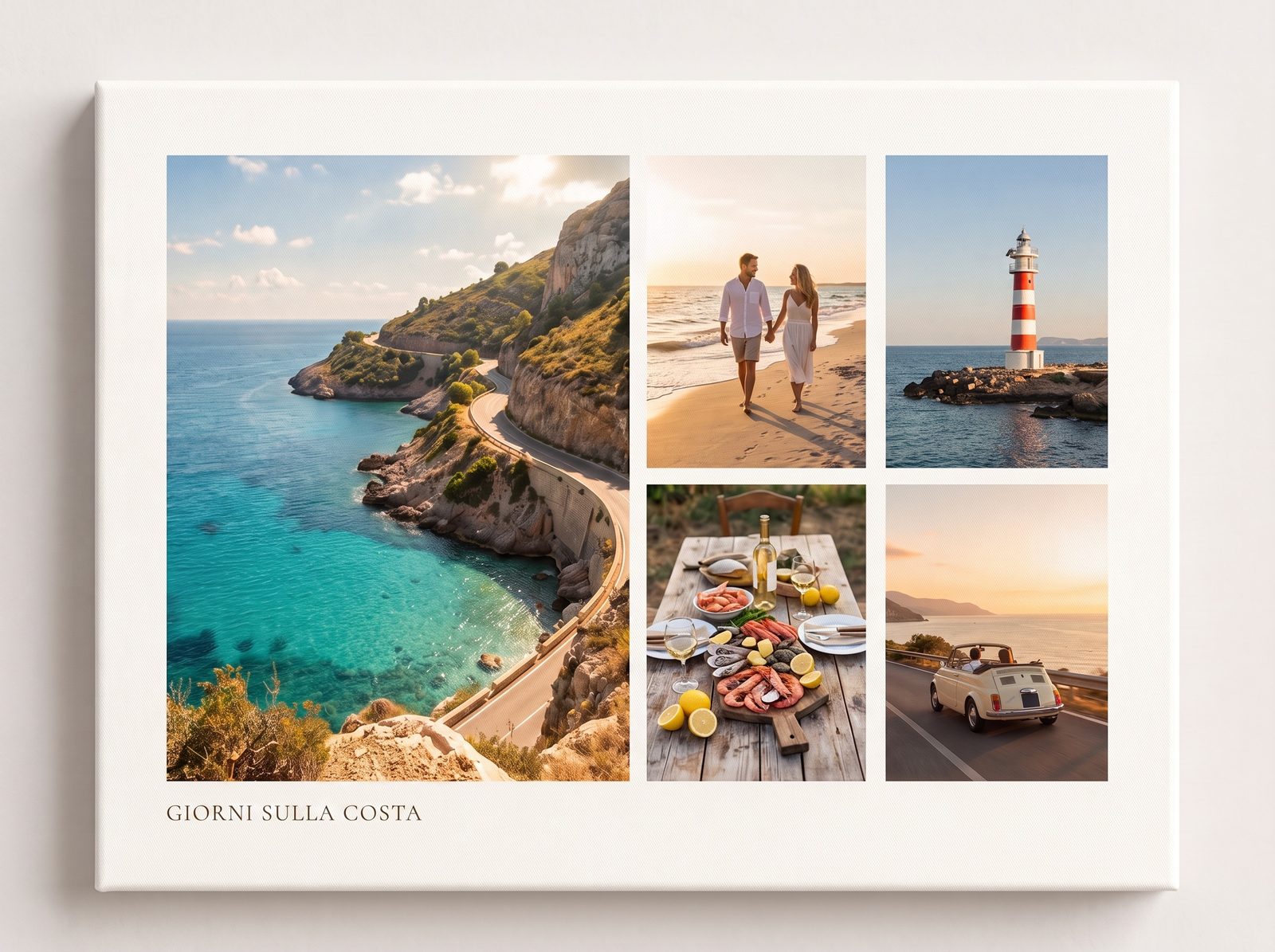 Collage di cinque foto dello stesso viaggio — una foto principale grande con quattro foto di supporto e spazi uniformi