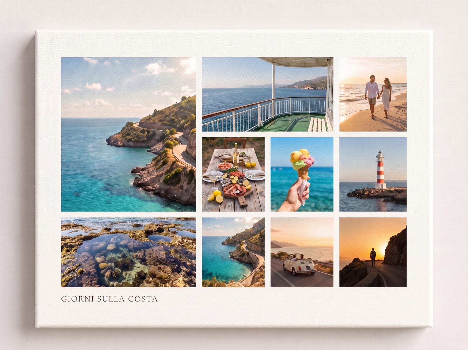 Collage di nove foto dello stesso viaggio su una griglia tre per tre con spaziatura costante