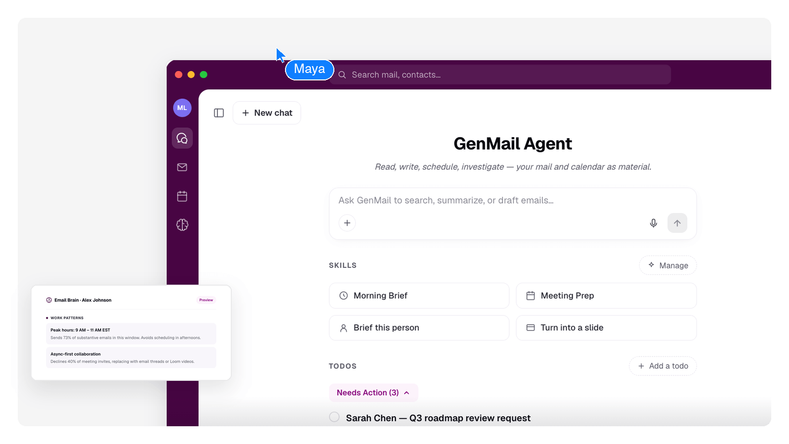 GenMail inbox at 7 AM: triaged mail, three drafts ready for review, and the Morning Brief panel