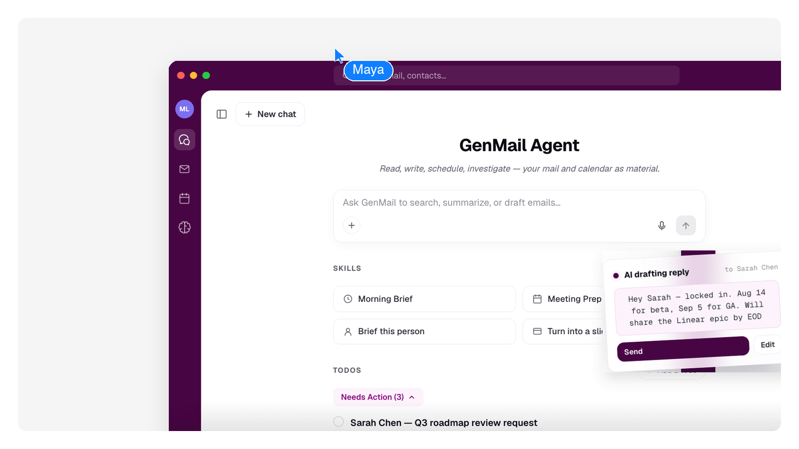A GenMail draft open for review, with the send action waiting for the user's click