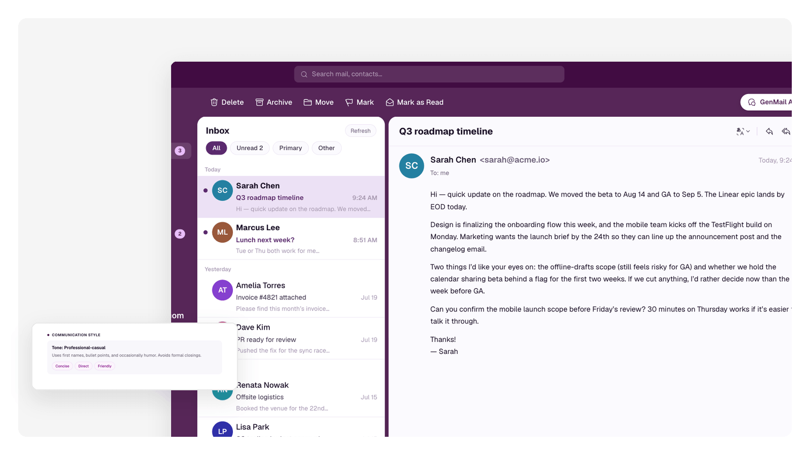Annotated GenMail inbox: triage labels, a staged reply draft, and a resurfaced follow-up