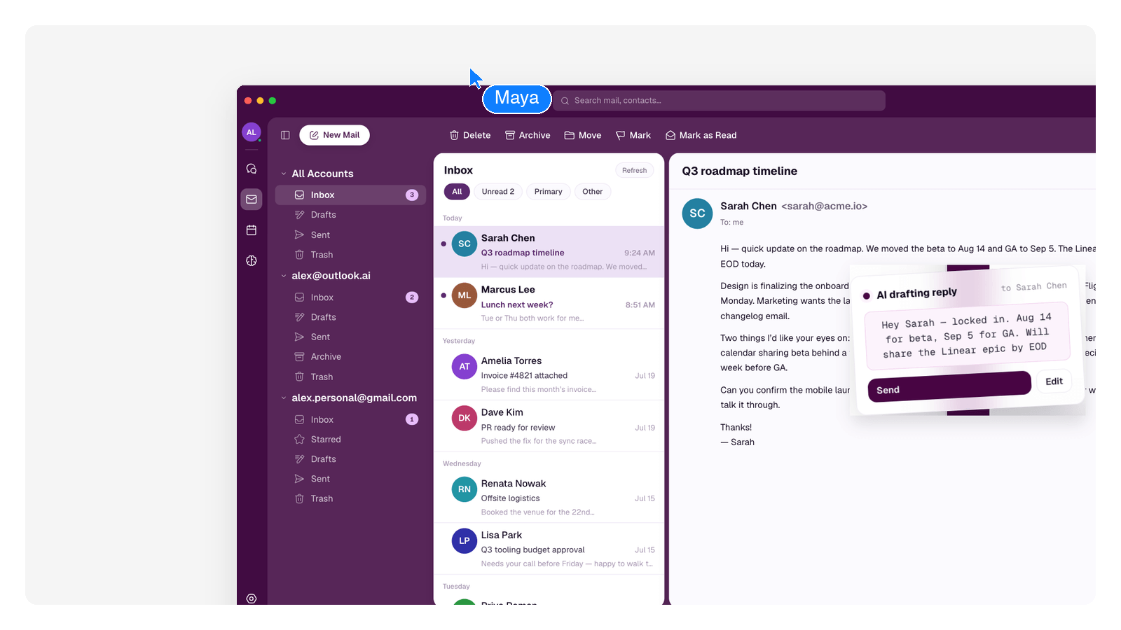 AI email assistant showing a reply drafted in the user's voice with a review and send button