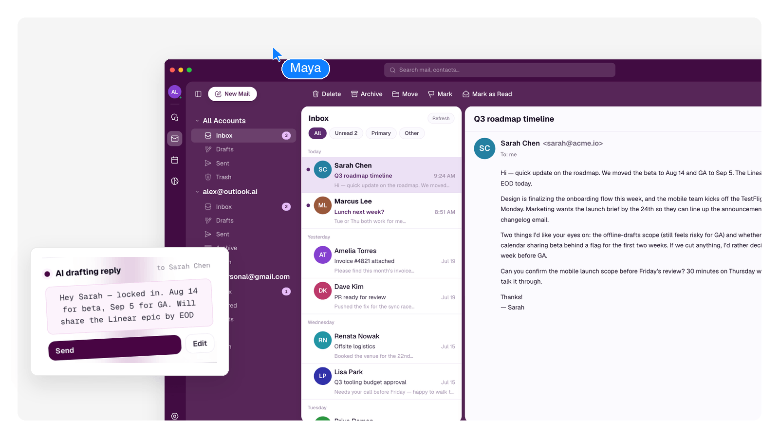 The GenMail inbox with AI triage labels and reply drafts staged for review
