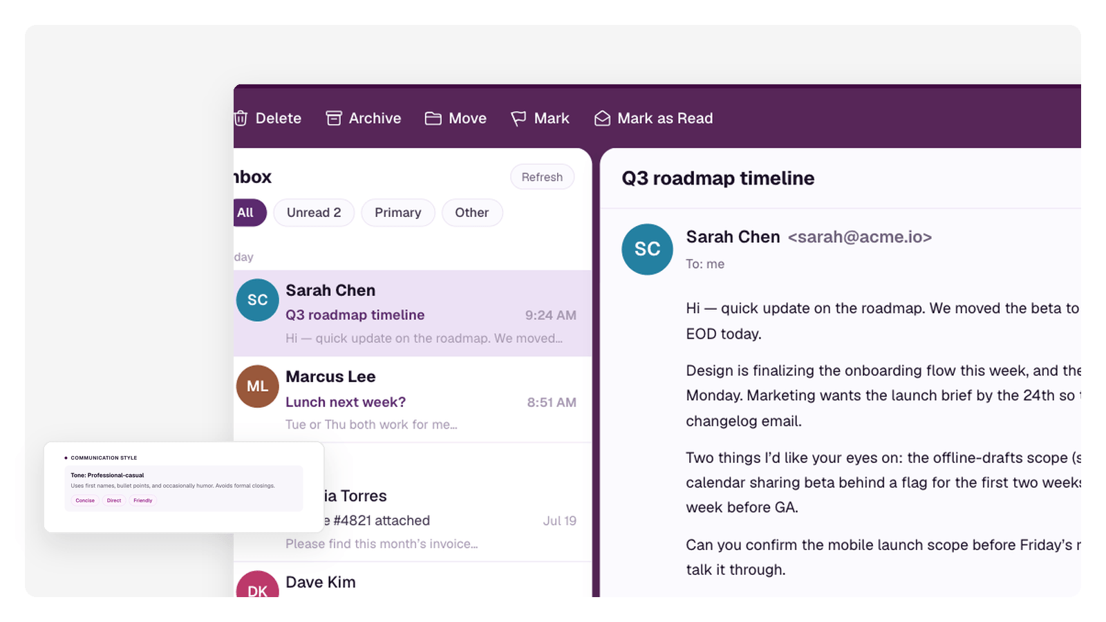 AI email assistant inbox with messages sorted by priority — needs reply, reply drafted, low priority, and handled