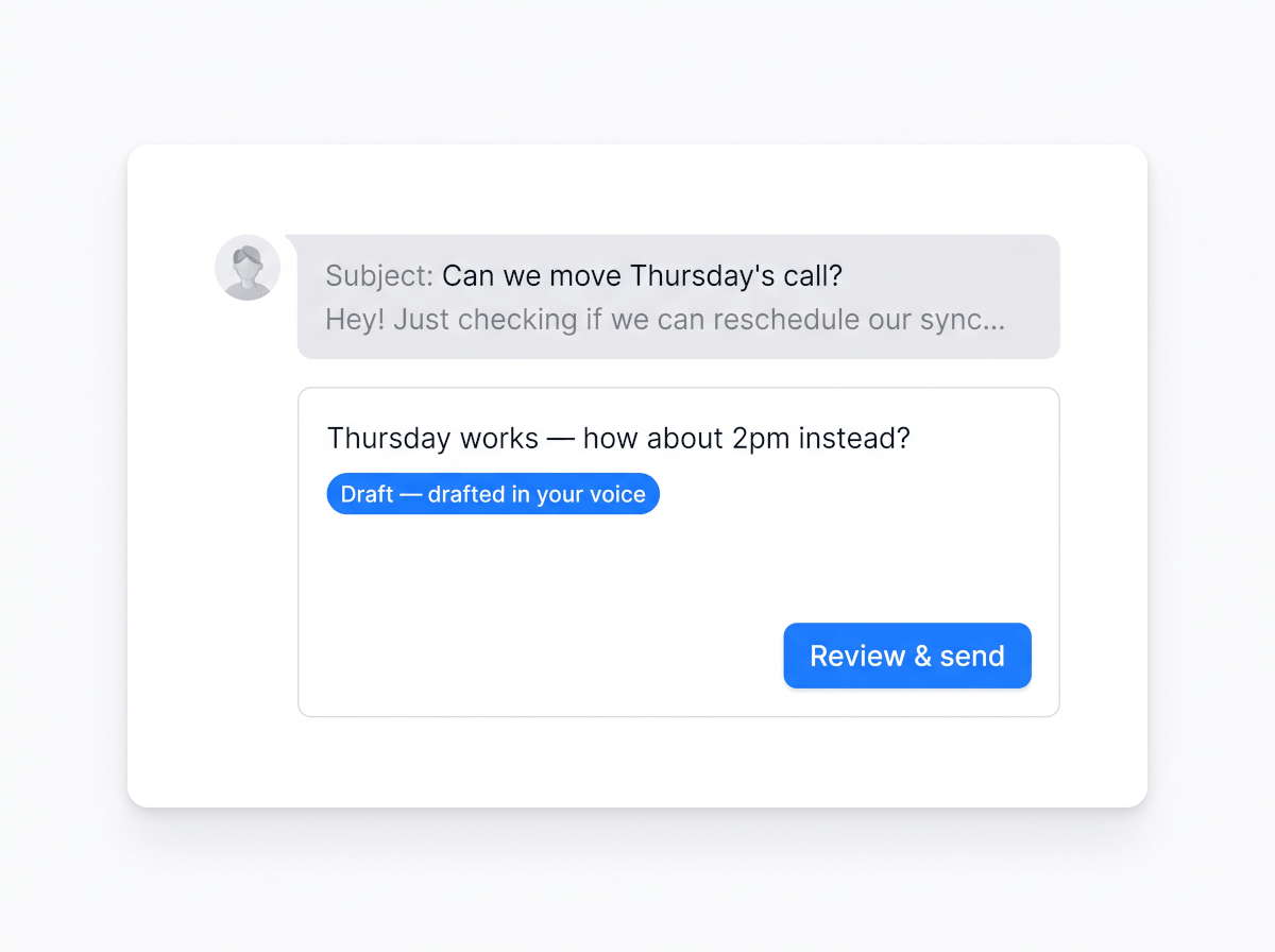AI email assistant showing a reply drafted in the user's voice with a review and send button