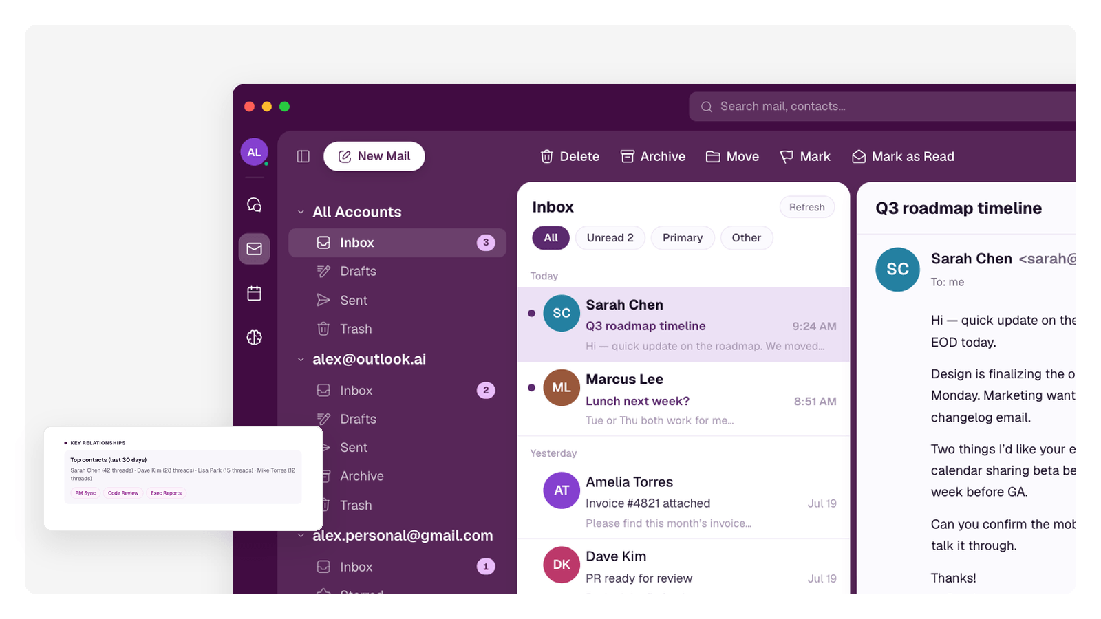 GenMail's unified inbox showing labeled mail from two Gmail accounts and an Outlook account