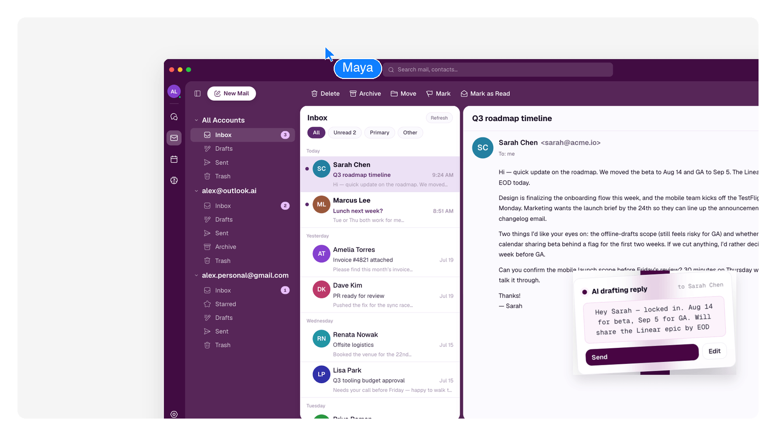 A GenMail inbox with AI reply drafts staged under each email that needs an answer