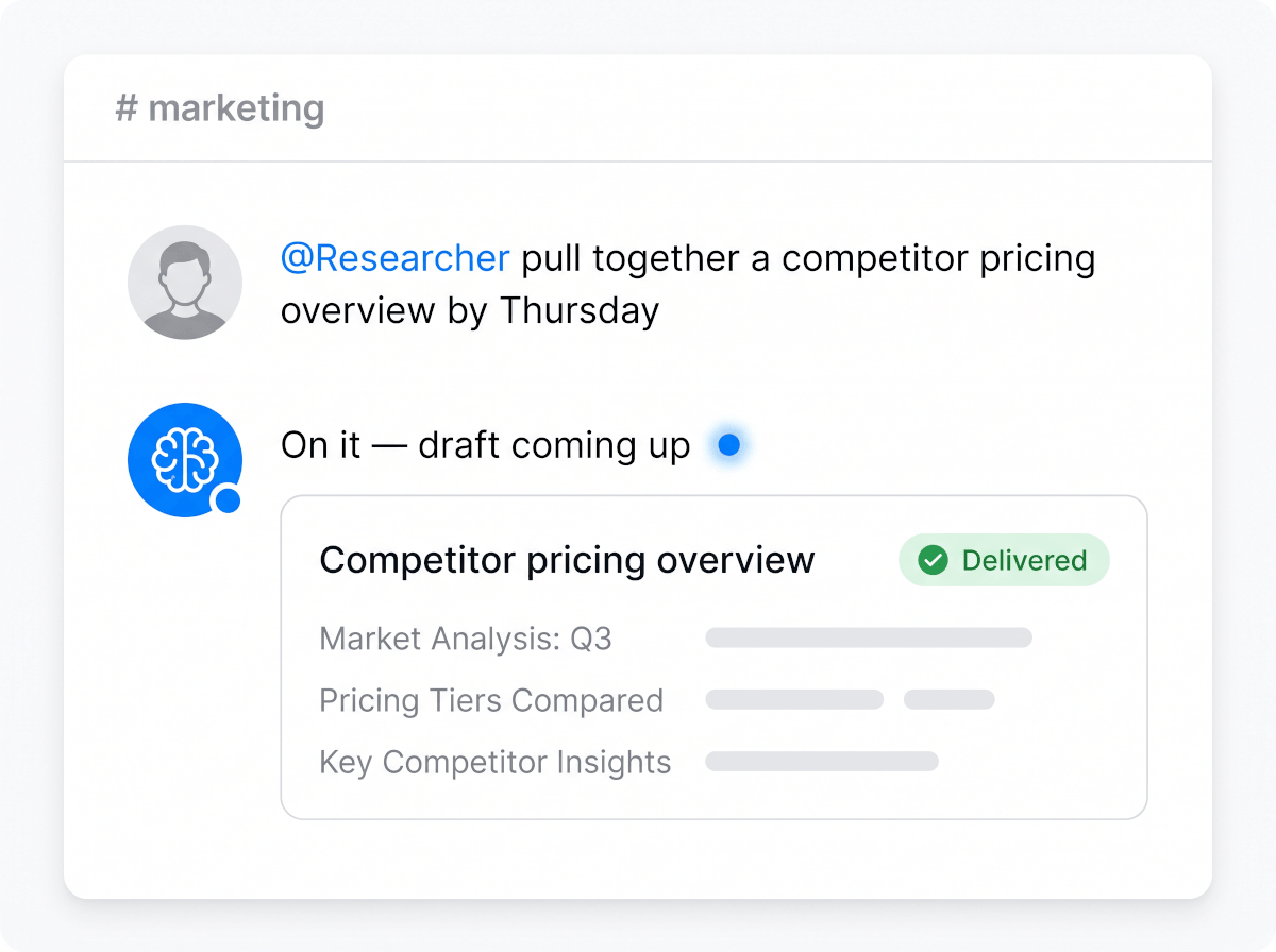 Team channel where a person mentions an AI employee with a task and receives the delivered report in the thread