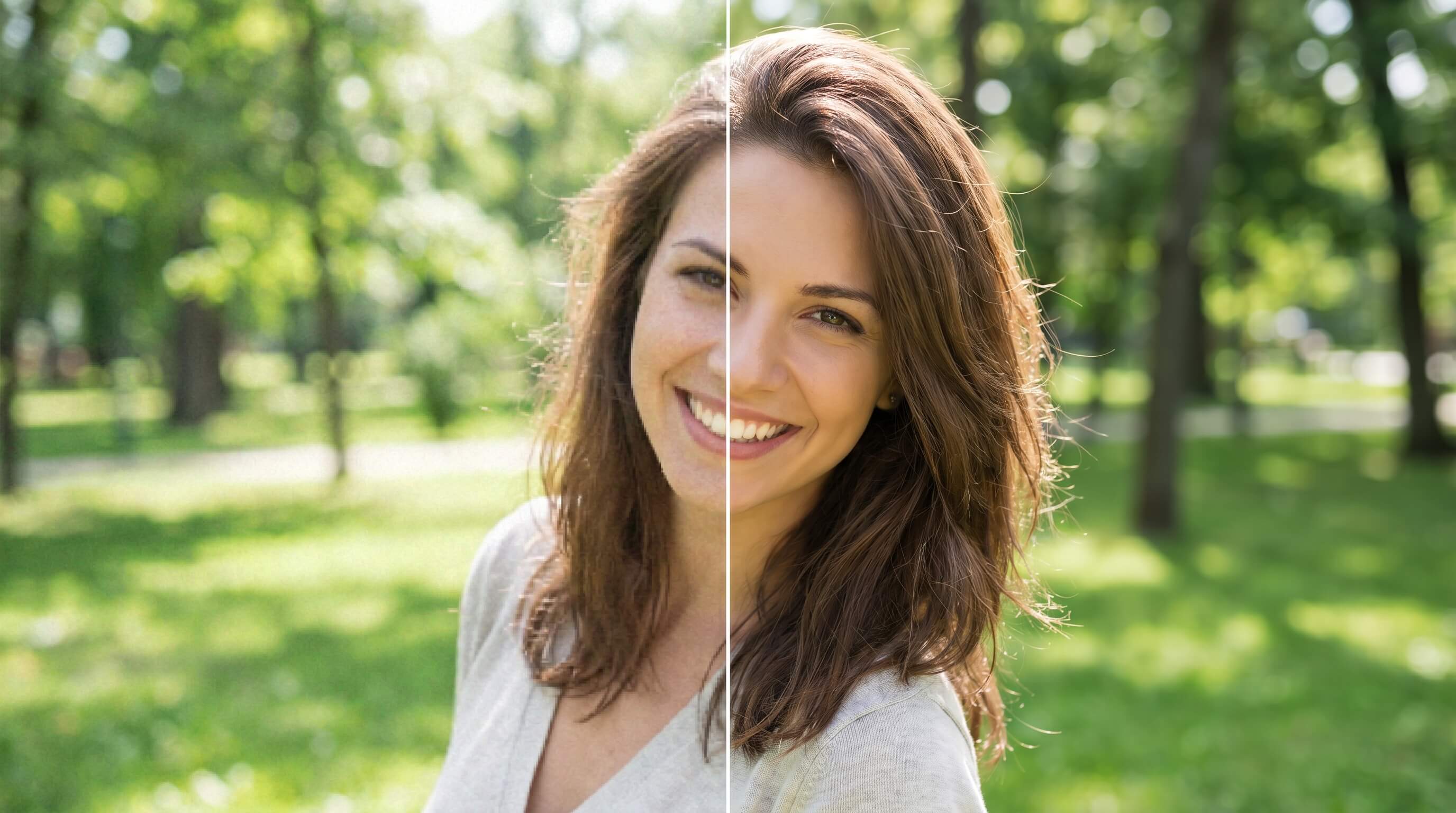 Antes e depois de melhorar a qualidade da foto com IA: uma imagem borrada restaurada com nitidez e detalhes.