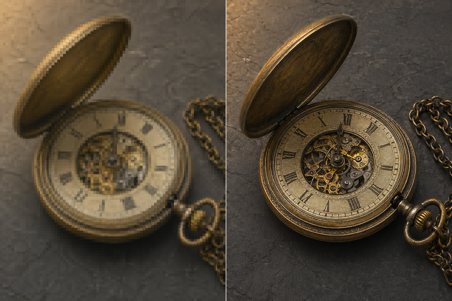 Confronto prima e dopo: versione a bassa risoluzione a sinistra, versione ultra-dettagliata ingrandita a destra