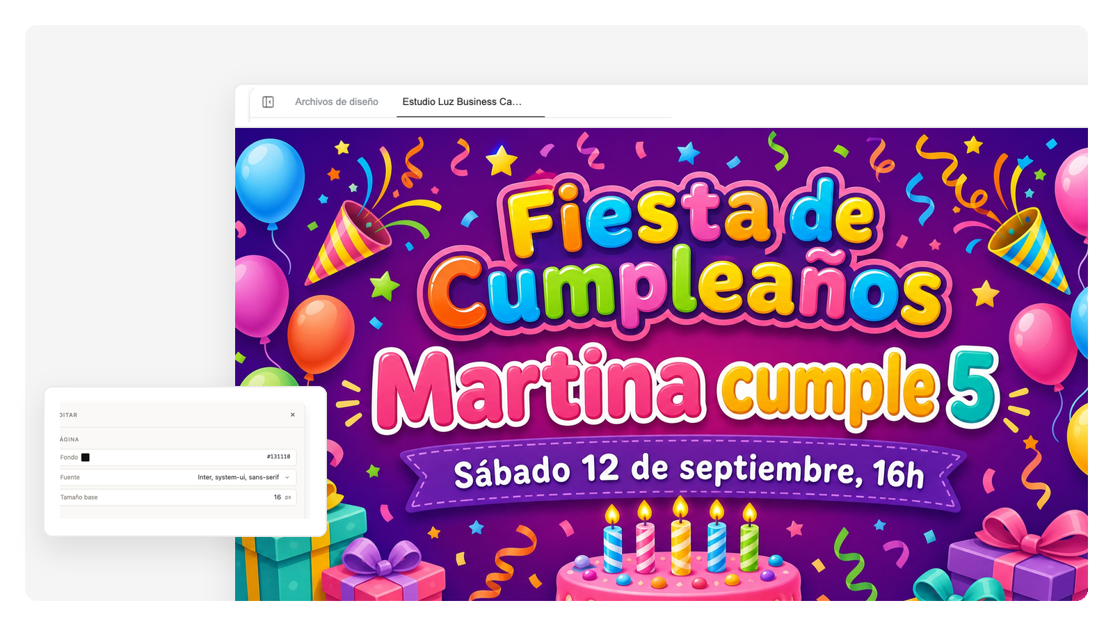 Invitación de fiesta de cumpleaños con confeti de colores