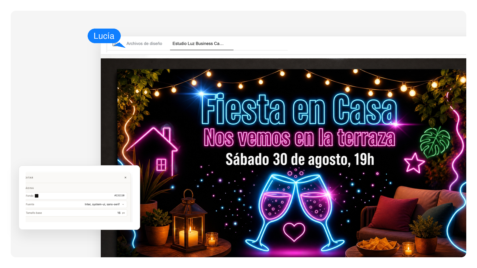 Invitación de fiesta con tema neón y efectos luminosos