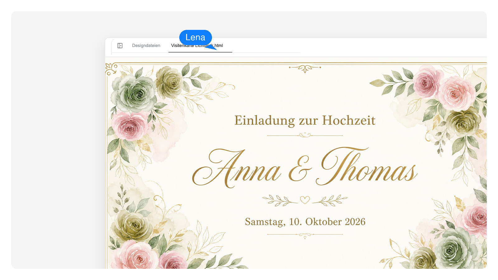 Elegante Hochzeitseinladung mit Blumenmotiven und goldener Schreibschrift