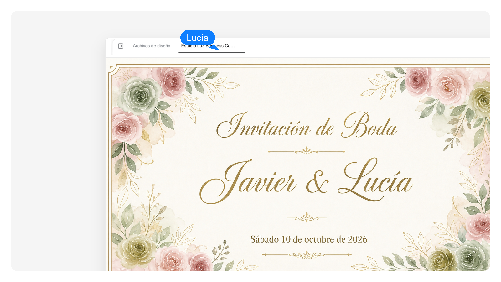 Invitación de boda floral elegante con tipografía dorada