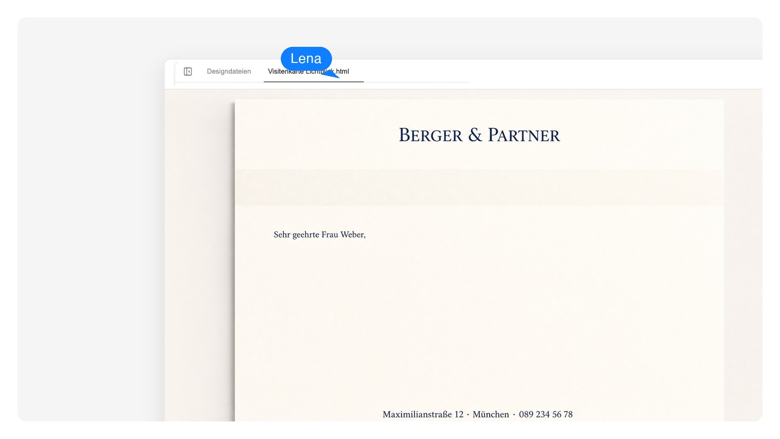 Klassisches zentriertes Briefkopf-Design in neutralen Graustufen als Basis für die Markenfarben-Vorschau