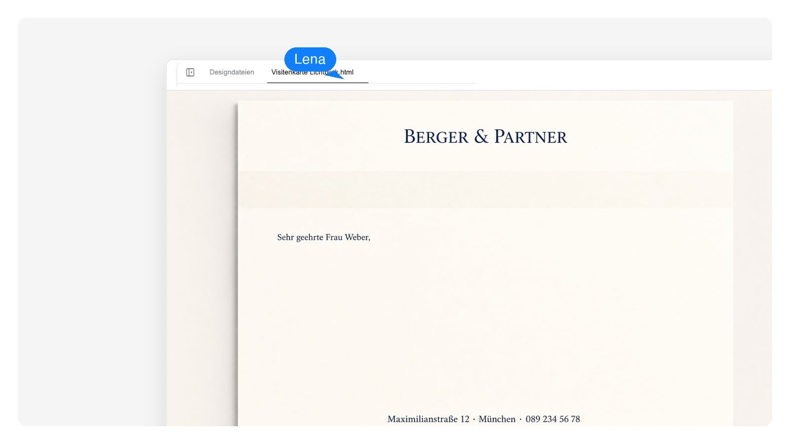 Klassisches zentriertes Briefkopf-Design in neutralen Graustufen als Basis für die Markenfarben-Vorschau