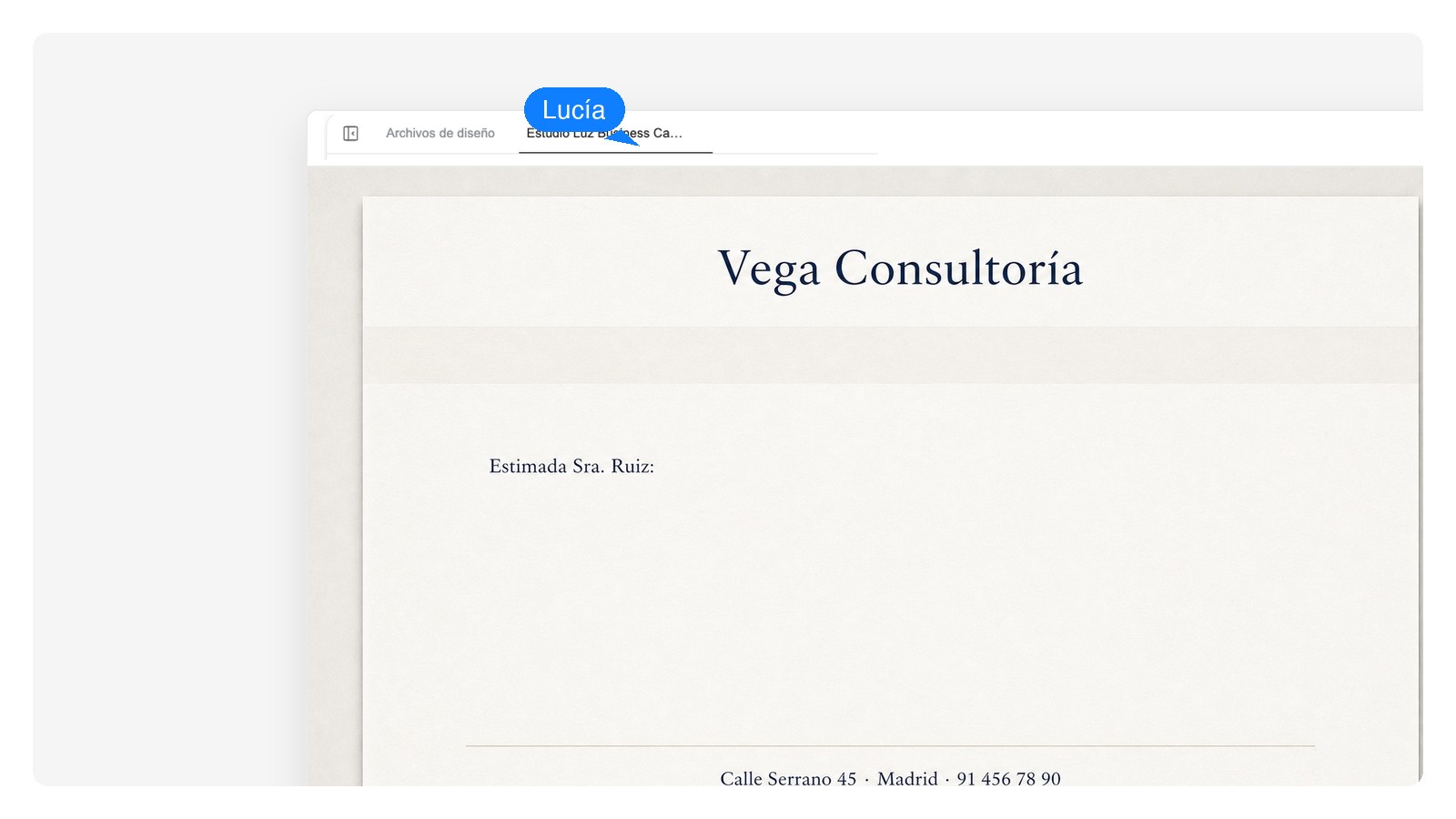 Diseño clásico de membrete centrado en grises neutros, usado como base para la vista previa del color de marca