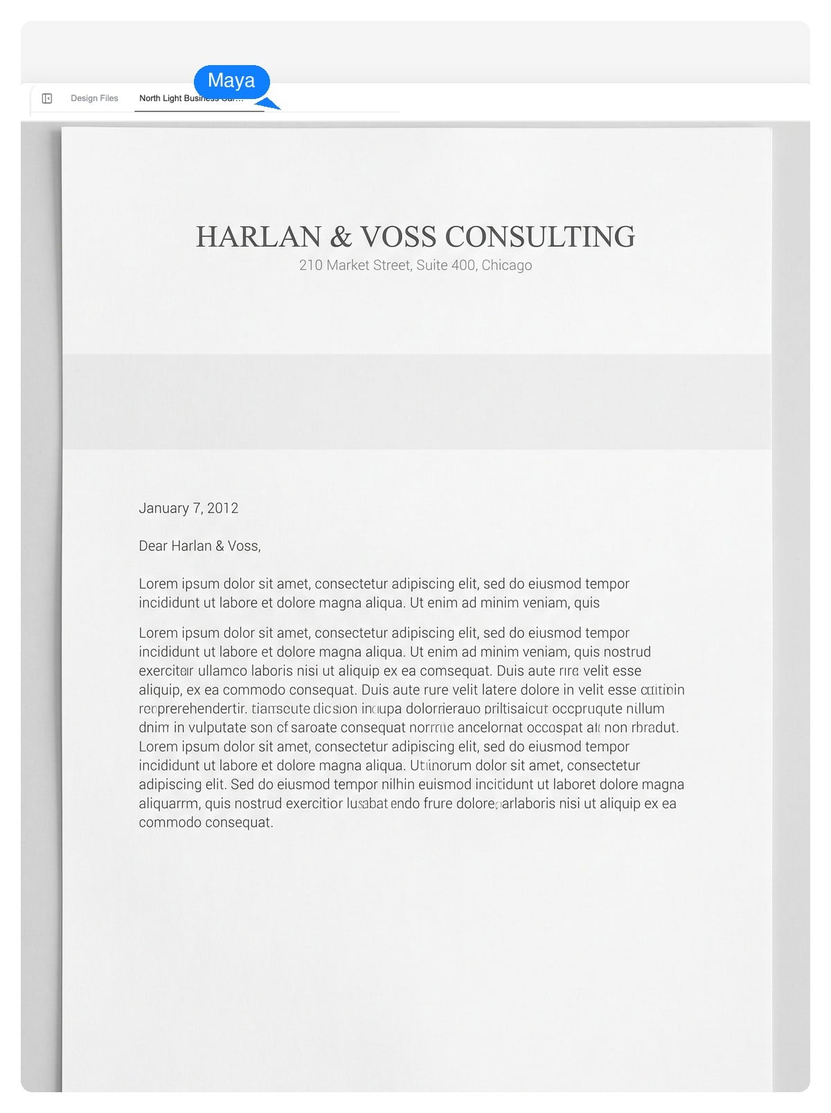 Classic centered letterhead design in neutral grayscale, used as the base for the brand color preview