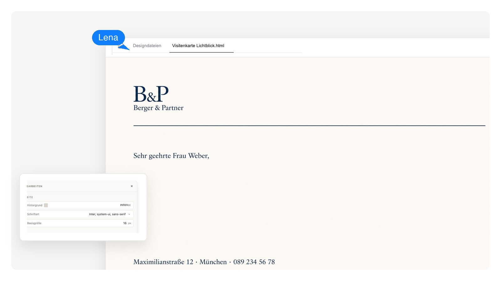 Modernes Briefkopf-Design in Graustufen, der Adressblock ist als editierbarer Text ausgewählt