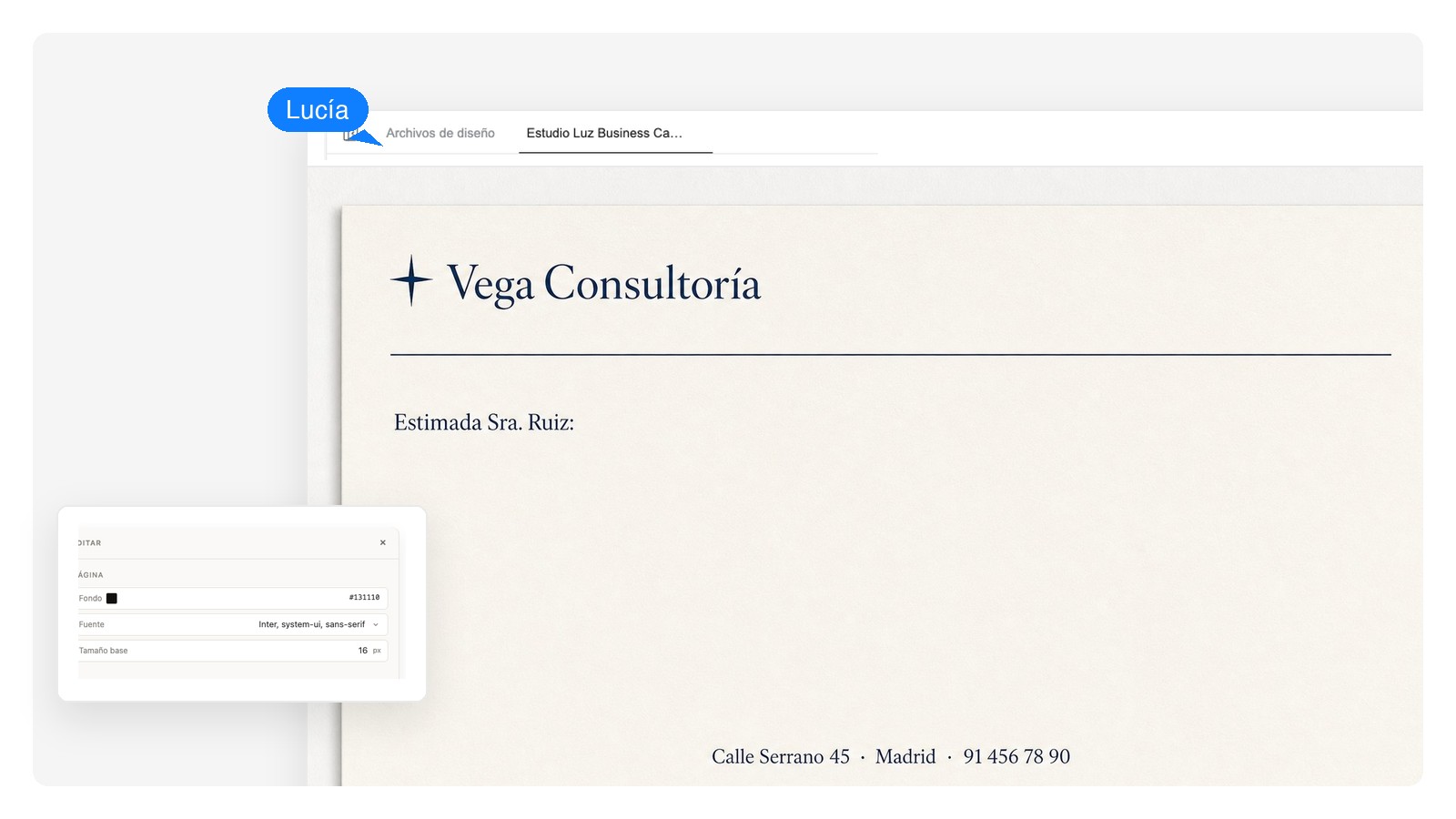 Diseño moderno de hoja membretada en escala de grises con el bloque de dirección seleccionado como texto editable