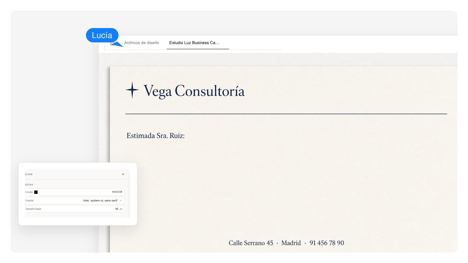 Diseño moderno de hoja membretada en escala de grises con el bloque de dirección seleccionado como texto editable