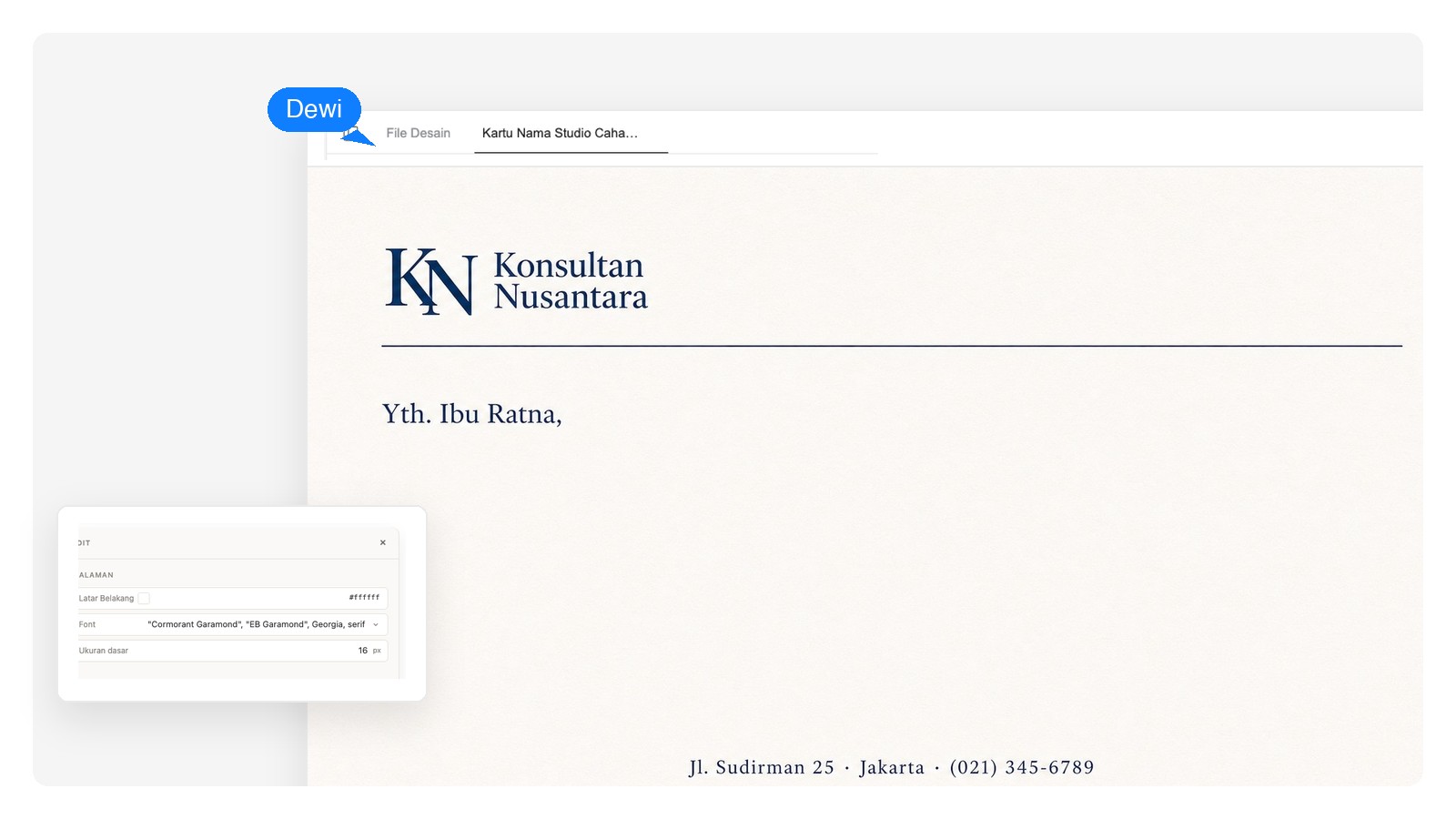 Desain kop surat modern bernuansa abu-abu dengan blok alamat terpilih sebagai teks yang bisa diedit