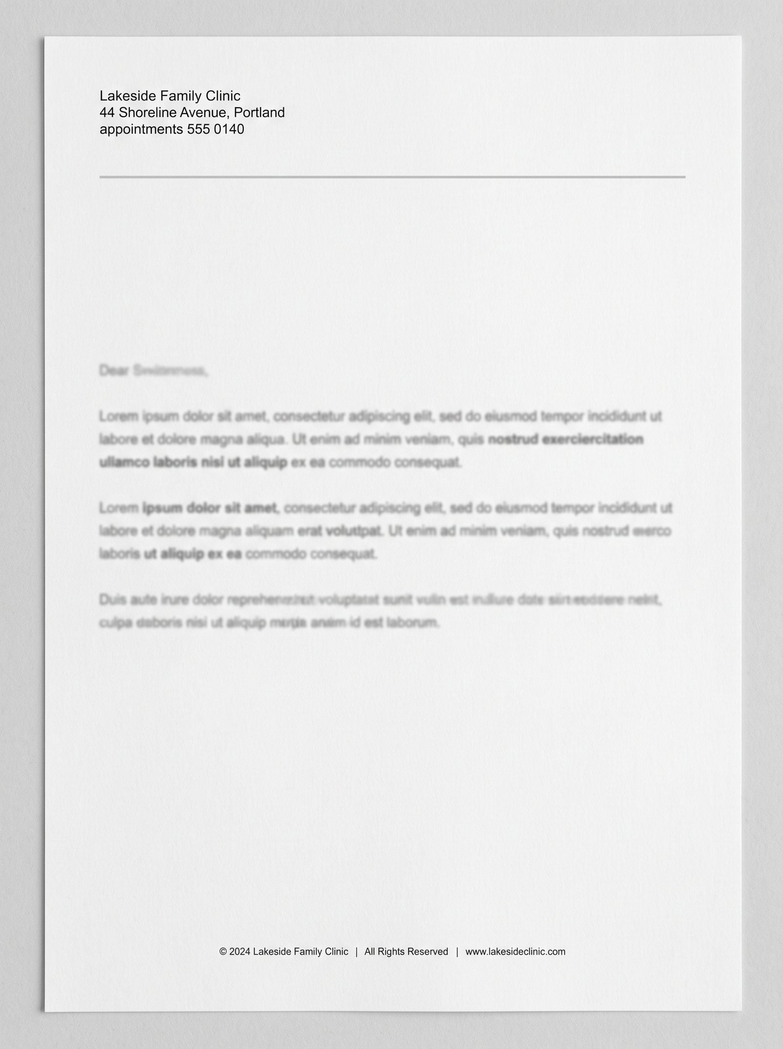 Modern grayscale letterhead design with the address block selected as editable text