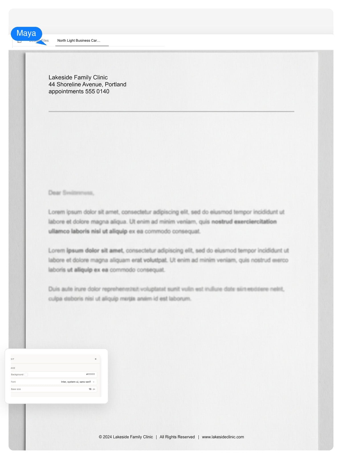 Modern grayscale letterhead design with the address block selected as editable text