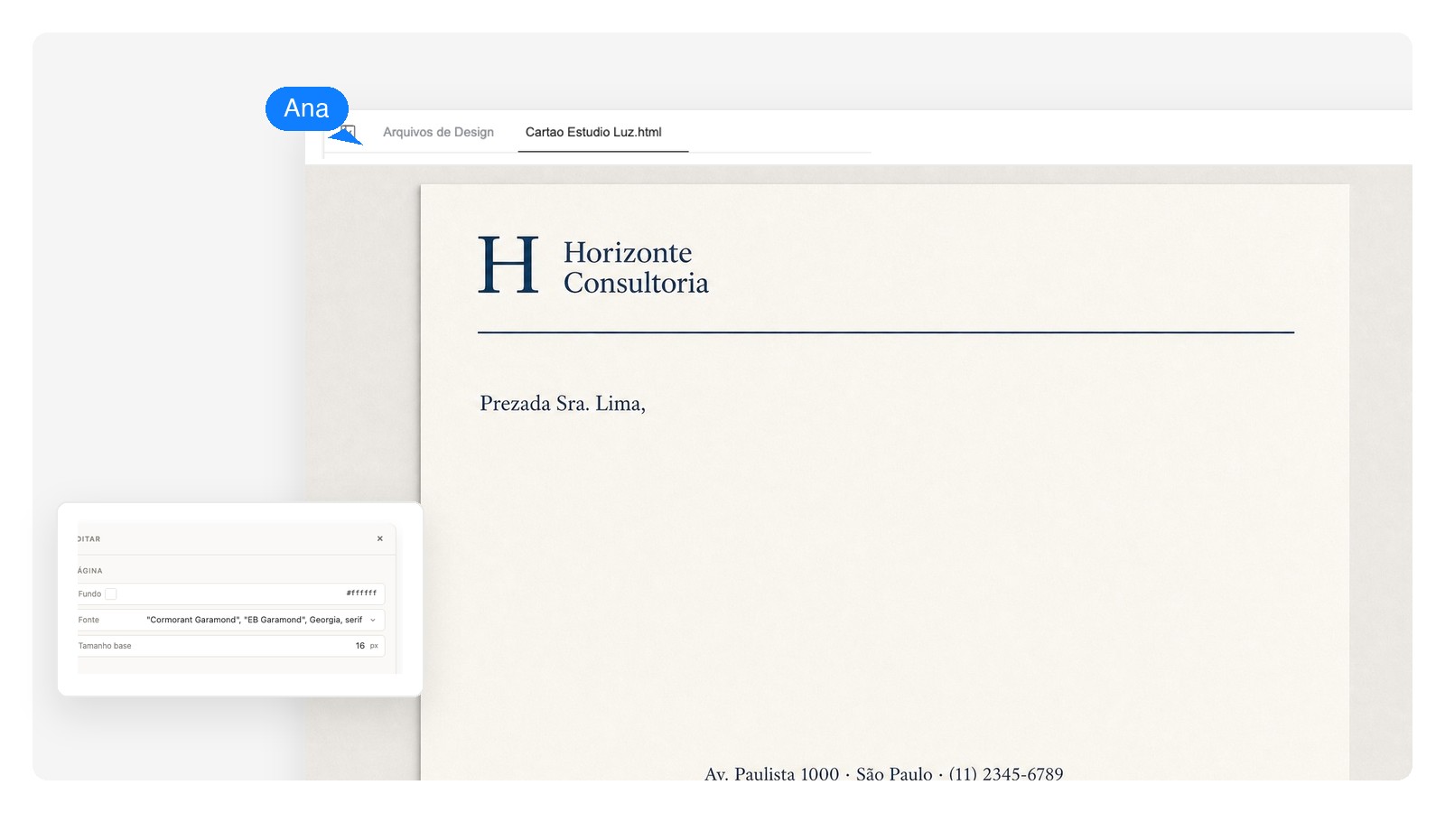 Design moderno de papel timbrado em tons de cinza com o bloco de endereço selecionado como texto editável