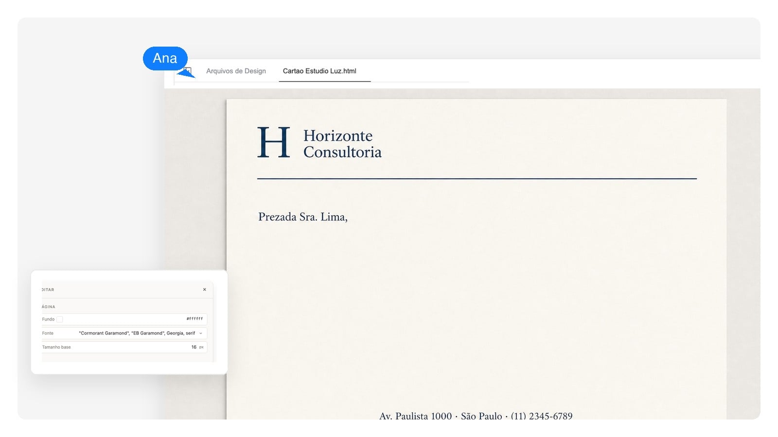 Design moderno de papel timbrado em tons de cinza com o bloco de endereço selecionado como texto editável