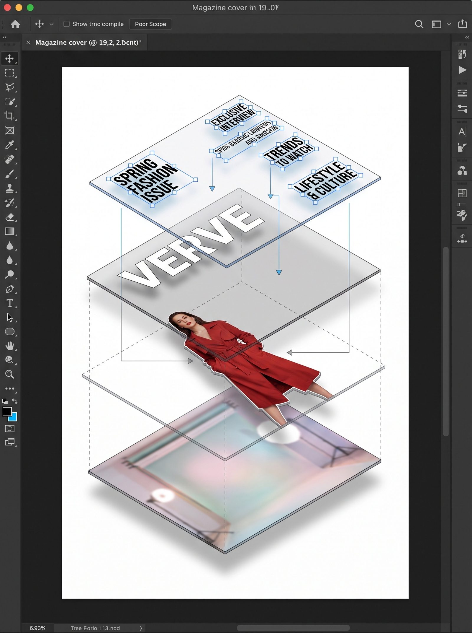 AI magazine cover design exploded into its layers: background photo, subject cutout, masthead text and cover lines