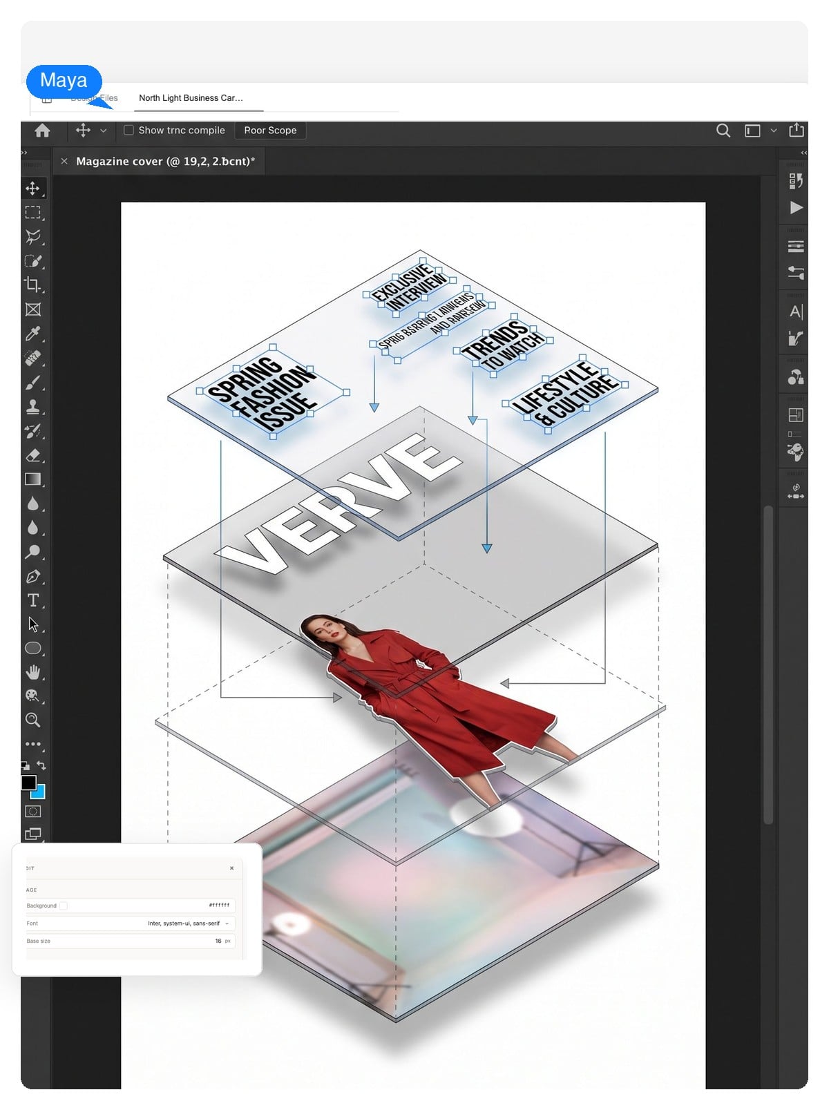 AI magazine cover design exploded into its layers: background photo, subject cutout, masthead text and cover lines