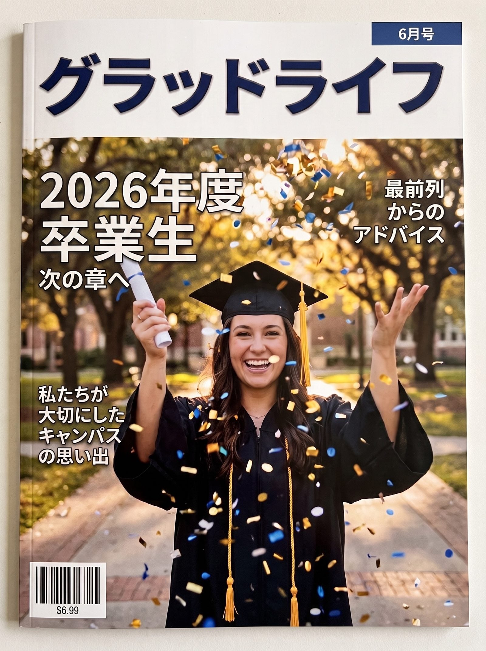 人物が誌名ロゴの完全に下に置かれた雑誌の表紙——フラットで、貼り付けたように見える版