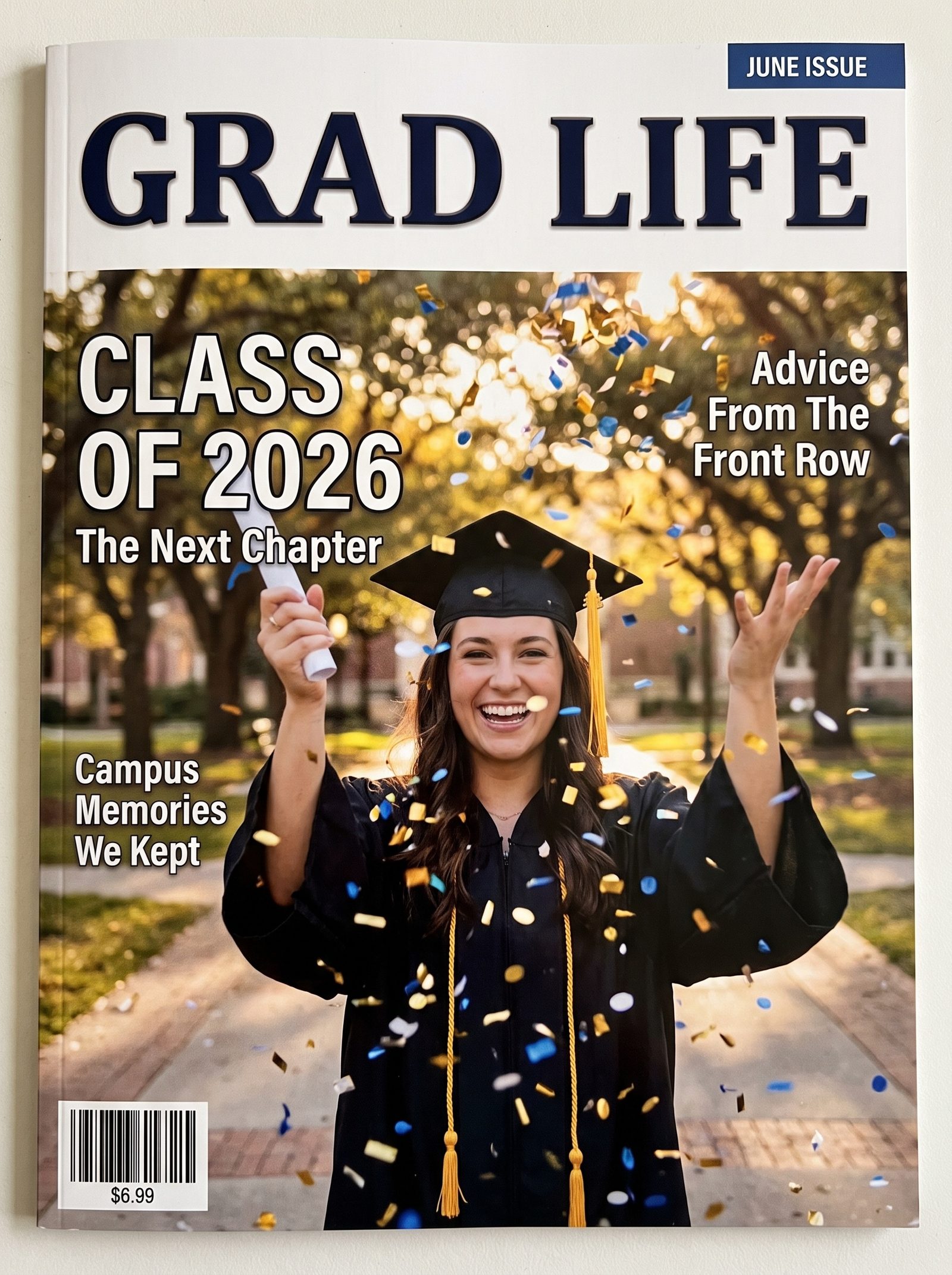 Magazine cover with the subject placed fully below the masthead — the flat, pasted-on version