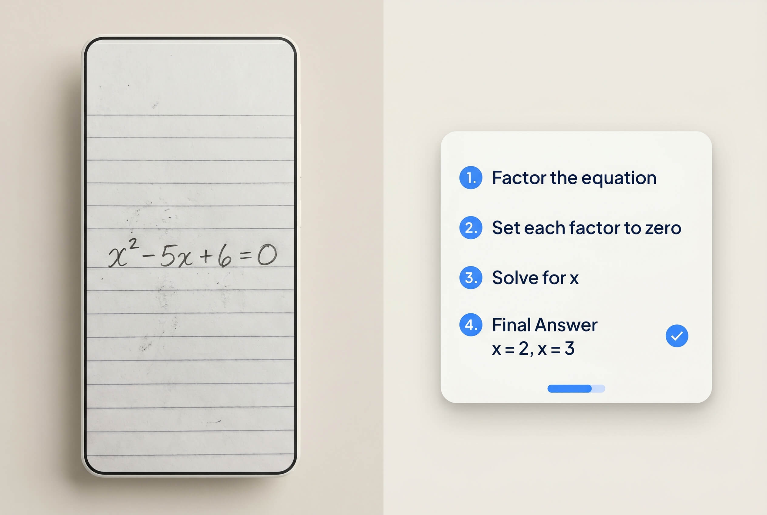 A math problem photo next to its step-by-step AI solution