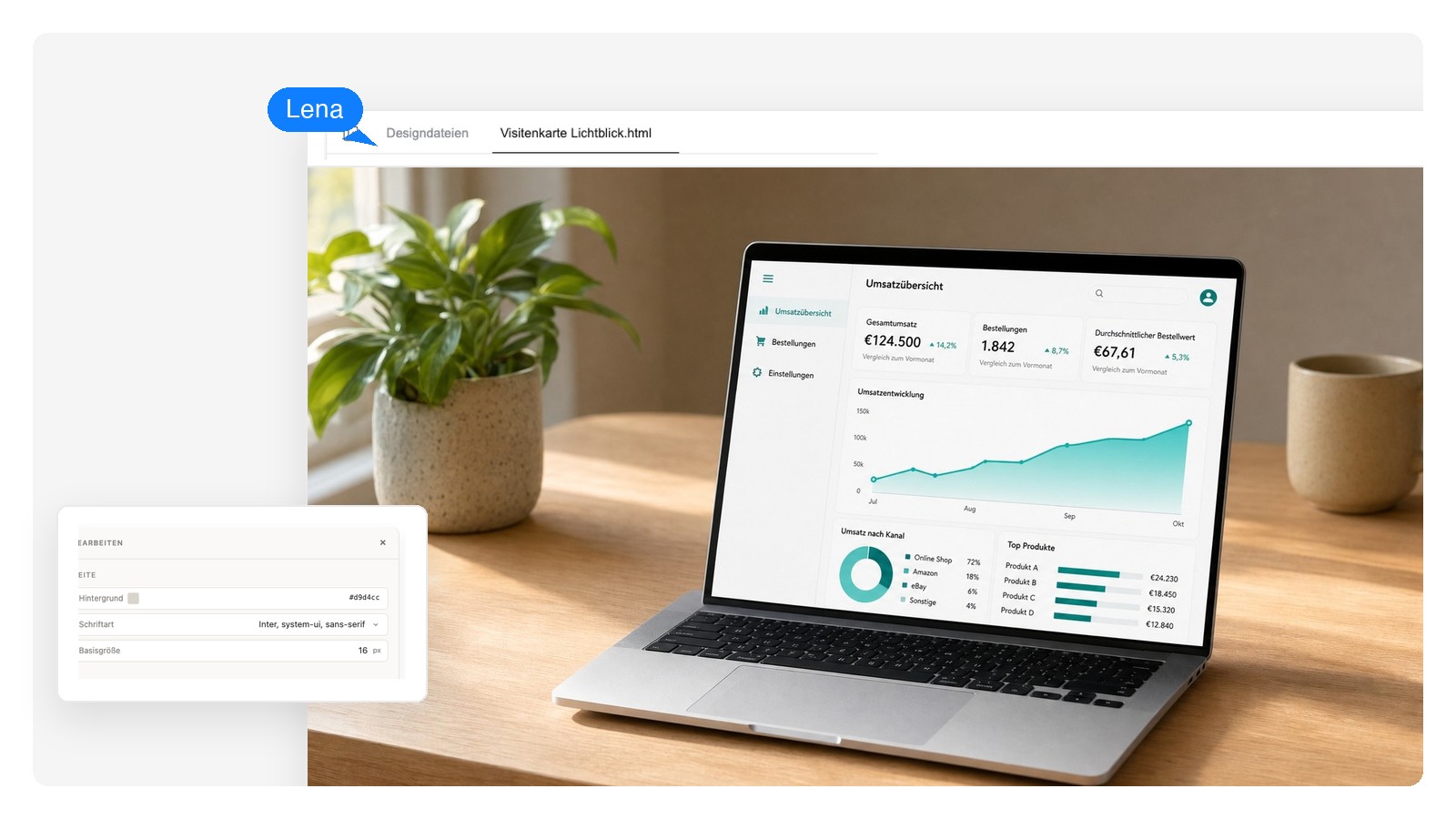 Laptop-Mockup auf einem Studio-Schreibtisch mit Analytics-Dashboard auf dem Screen, mit KI generiert