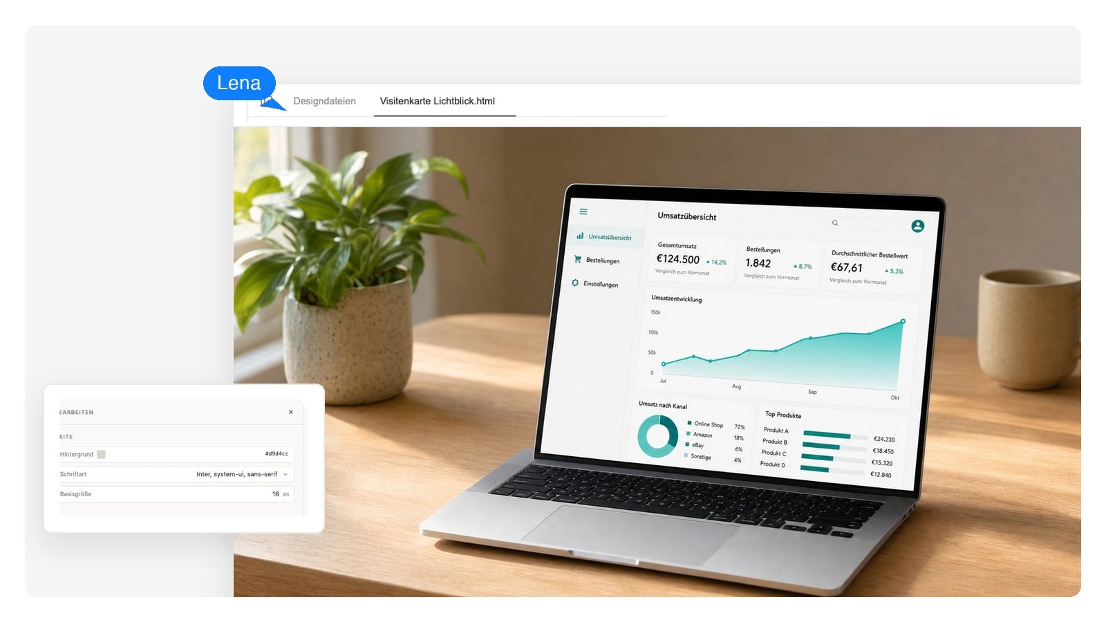 Laptop-Mockup auf einem Studio-Schreibtisch mit Analytics-Dashboard auf dem Screen, mit KI generiert