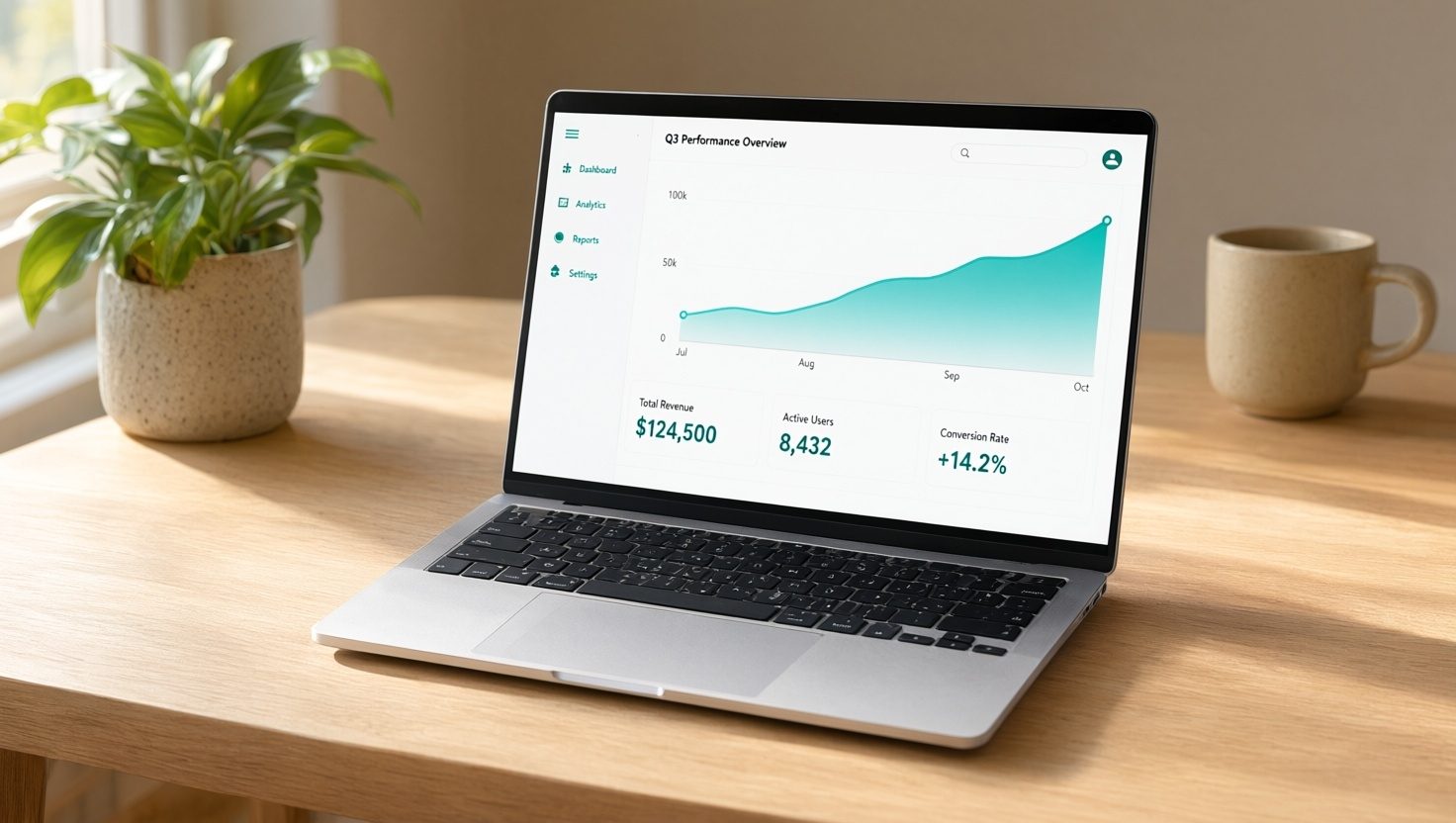 Laptop mockup on a studio desk showing an analytics dashboard, generated with AI