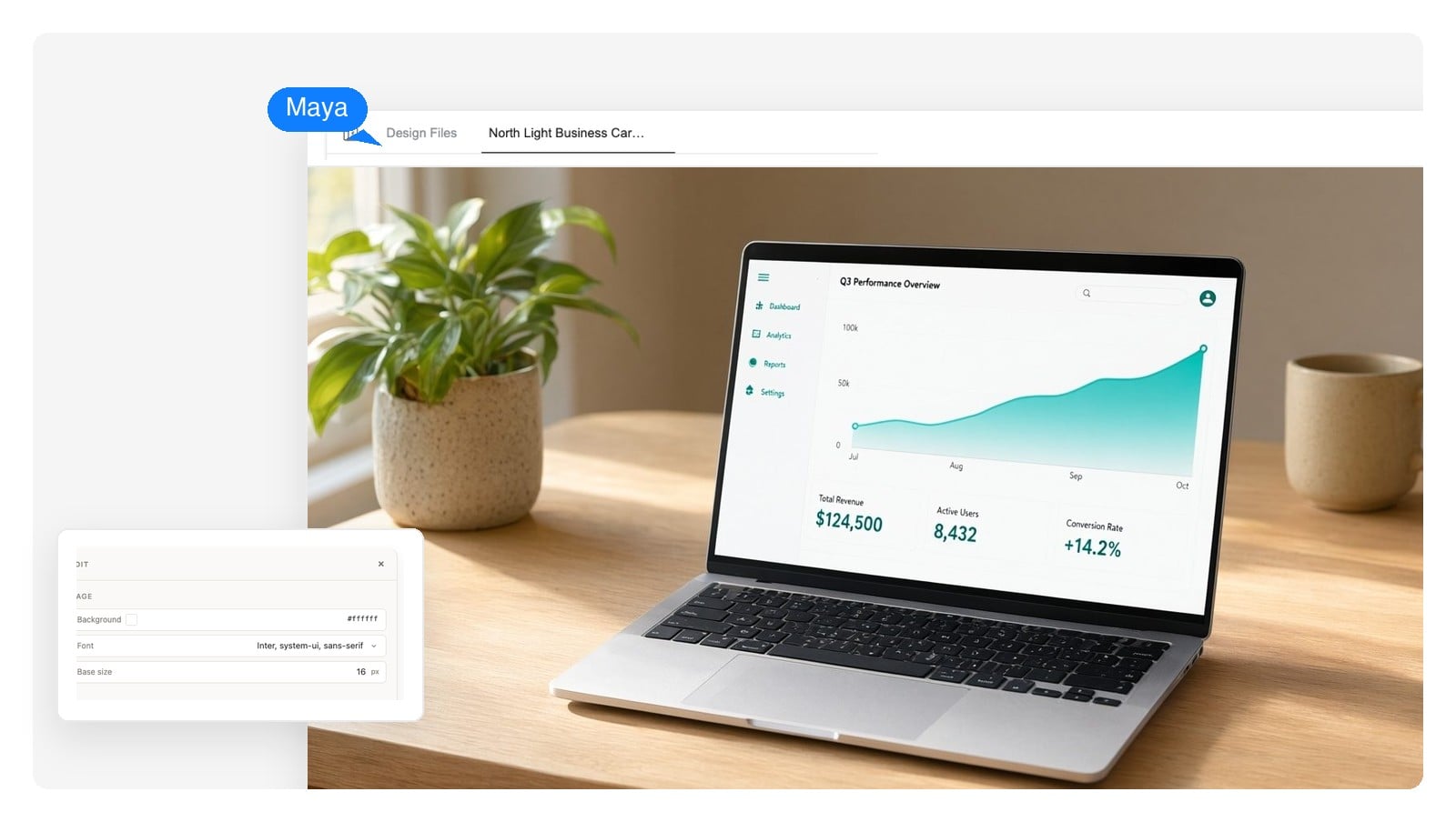 Laptop mockup on a studio desk showing an analytics dashboard, generated with AI