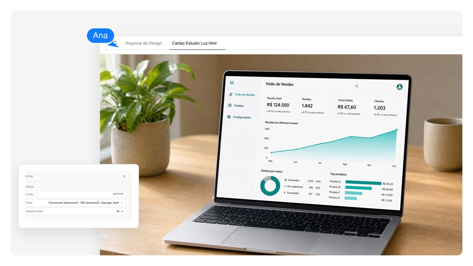 Mockup de notebook numa mesa de estúdio mostrando um dashboard de análises, gerado com IA