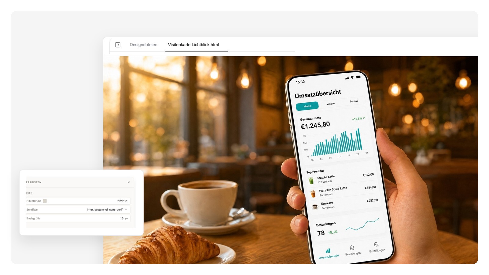 Smartphone-Mockup in einer Hand über einem Cafétisch, App-Screen sichtbar