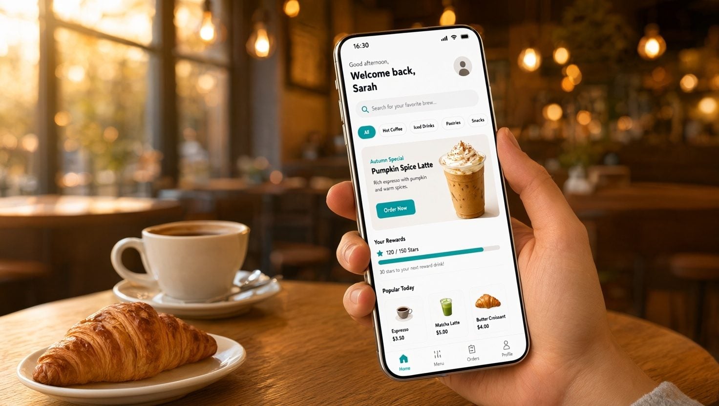 Phone mockup held in a hand above a café table, app screen visible