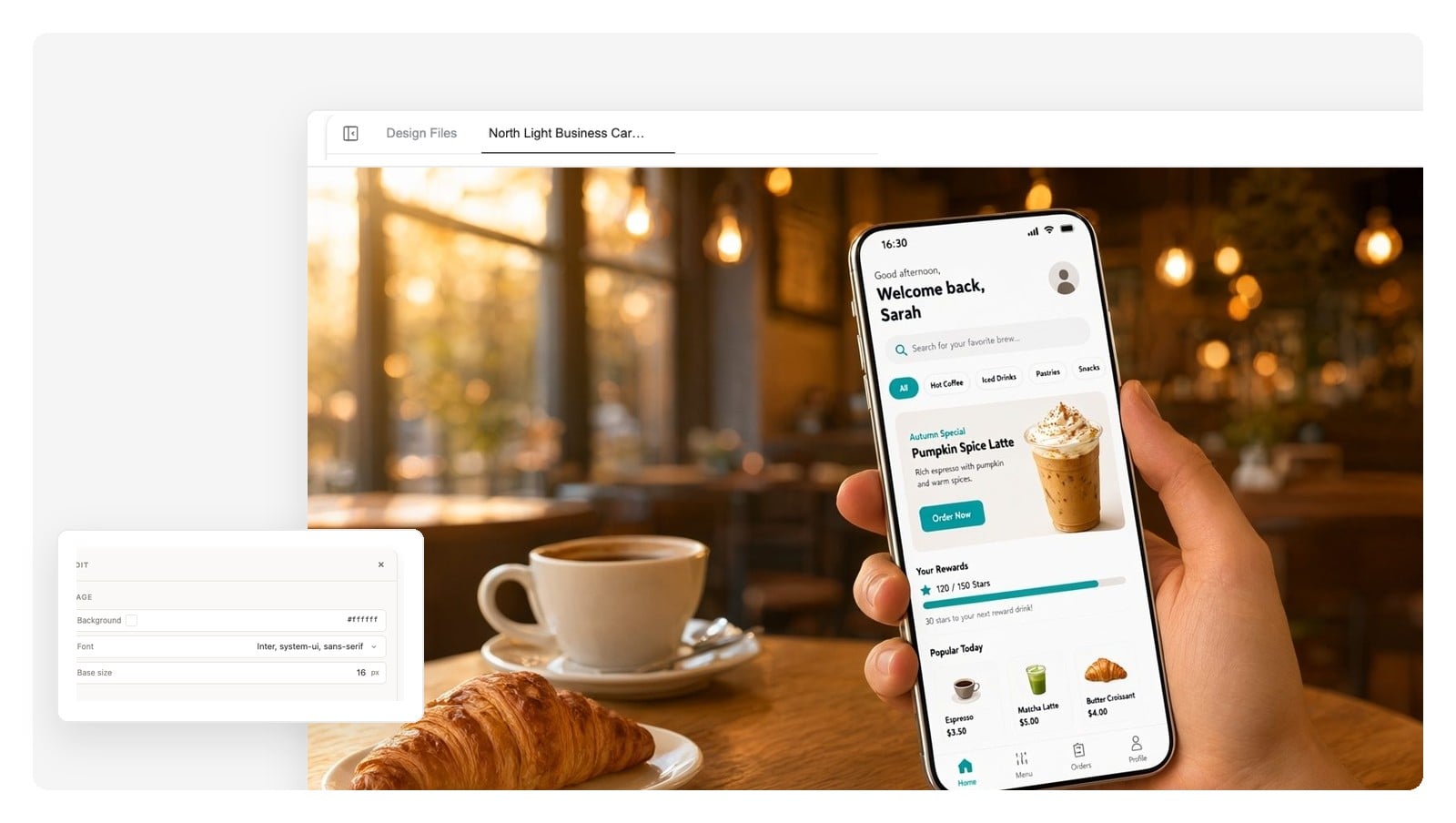Phone mockup held in a hand above a café table, app screen visible