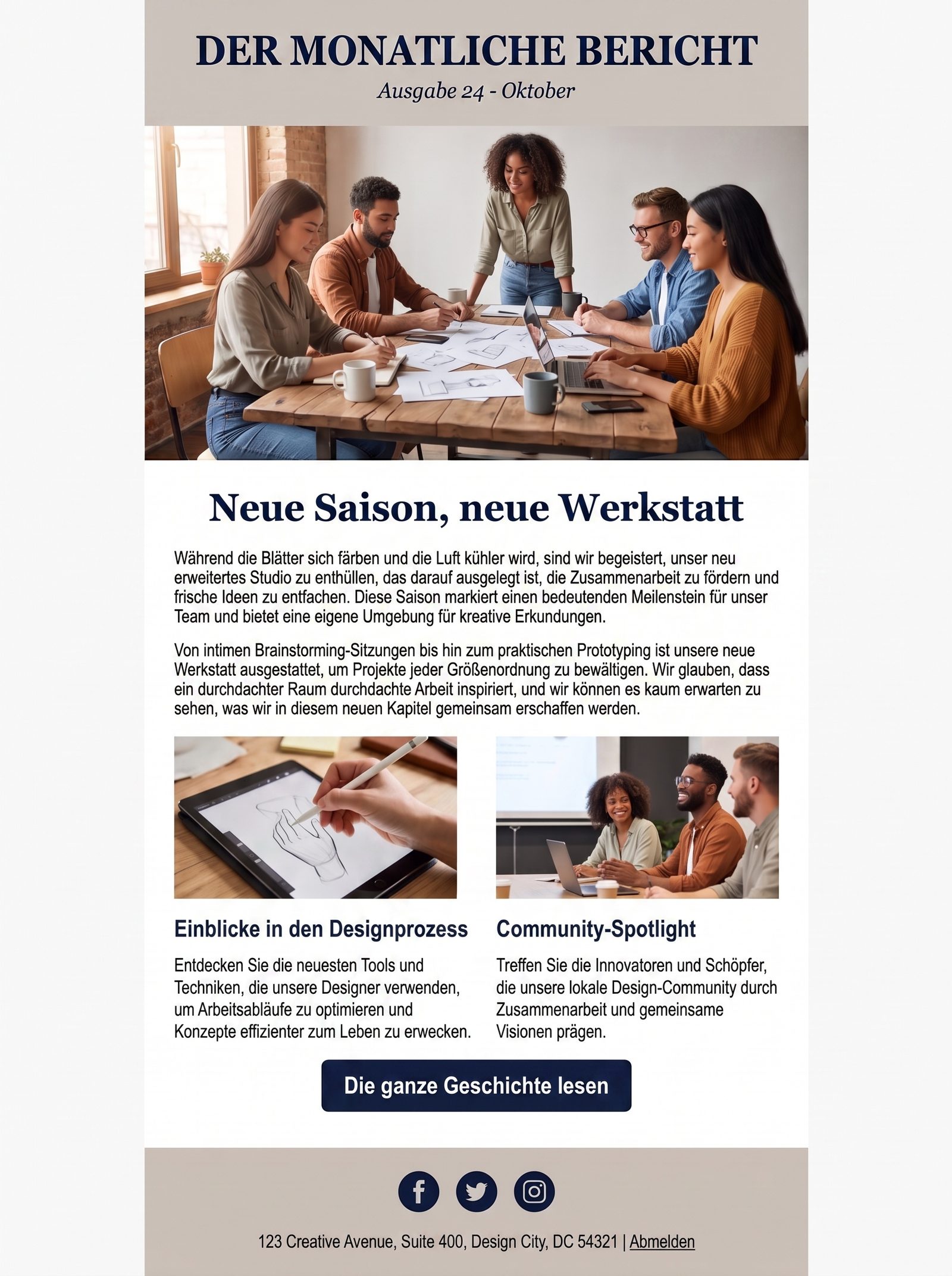 KI-generiertes Newsletter-Design mit Titelkopf, Aufmacher, zweispaltiger Artikel-Rubrik und Footer, annotiert als separate editierbare Elemente