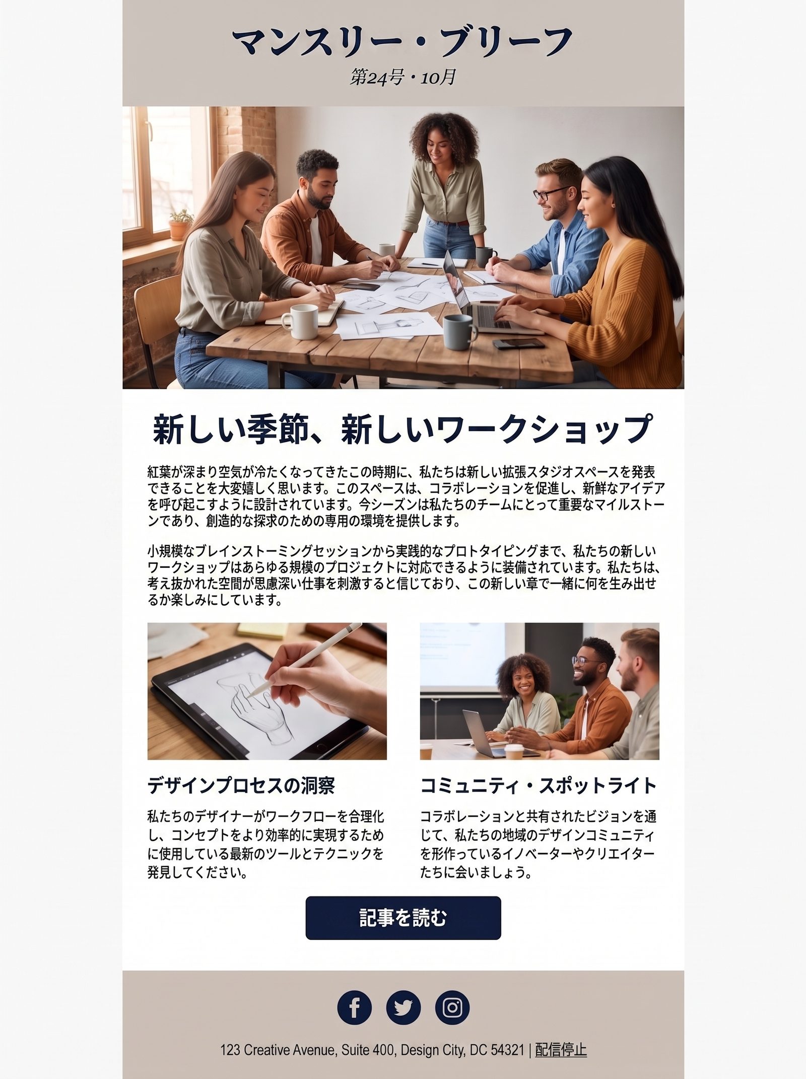 ヘッダー、トップ記事、2段組みの記事セクション、フッターで構成されたAI生成のニュースレターデザイン。それぞれが編集できる要素として注記されている