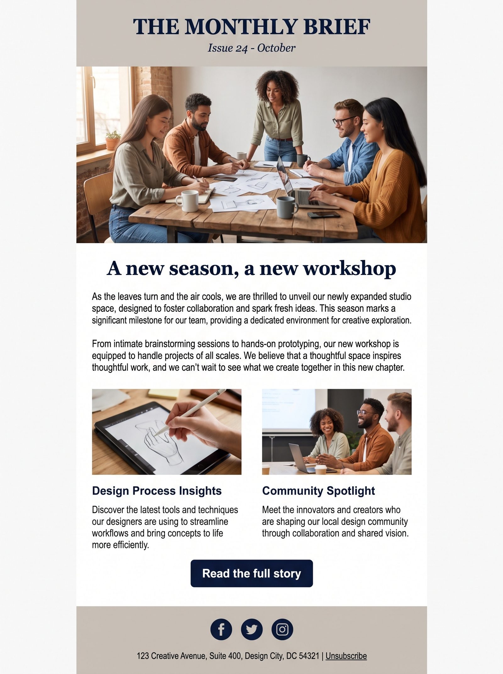 AI-generated newsletter design with masthead, lead story, two-column article section, and footer, annotated as separate editable elements