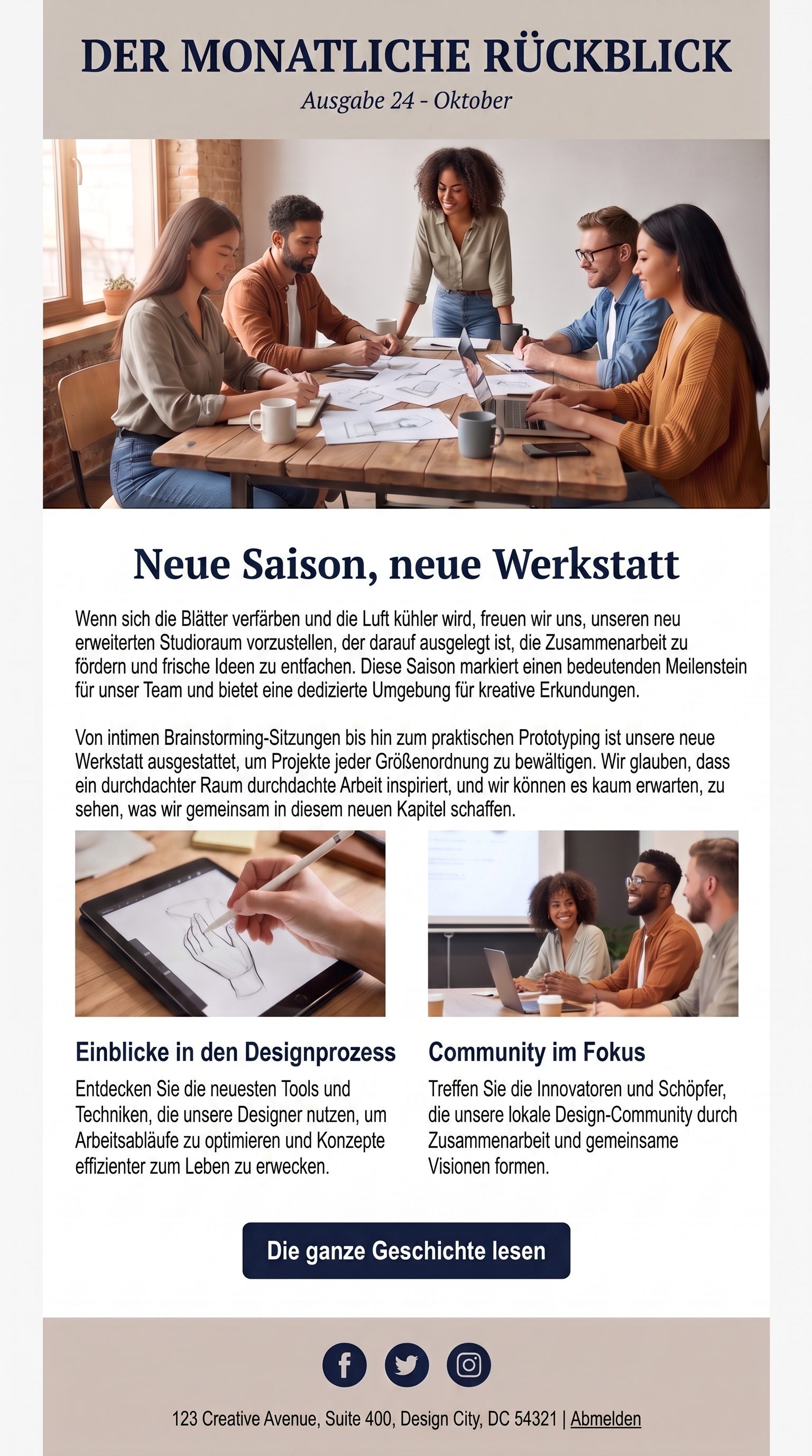 Derselbe Newsletter, bei 320px Handybreite in eine einzige Spalte umgestapelt