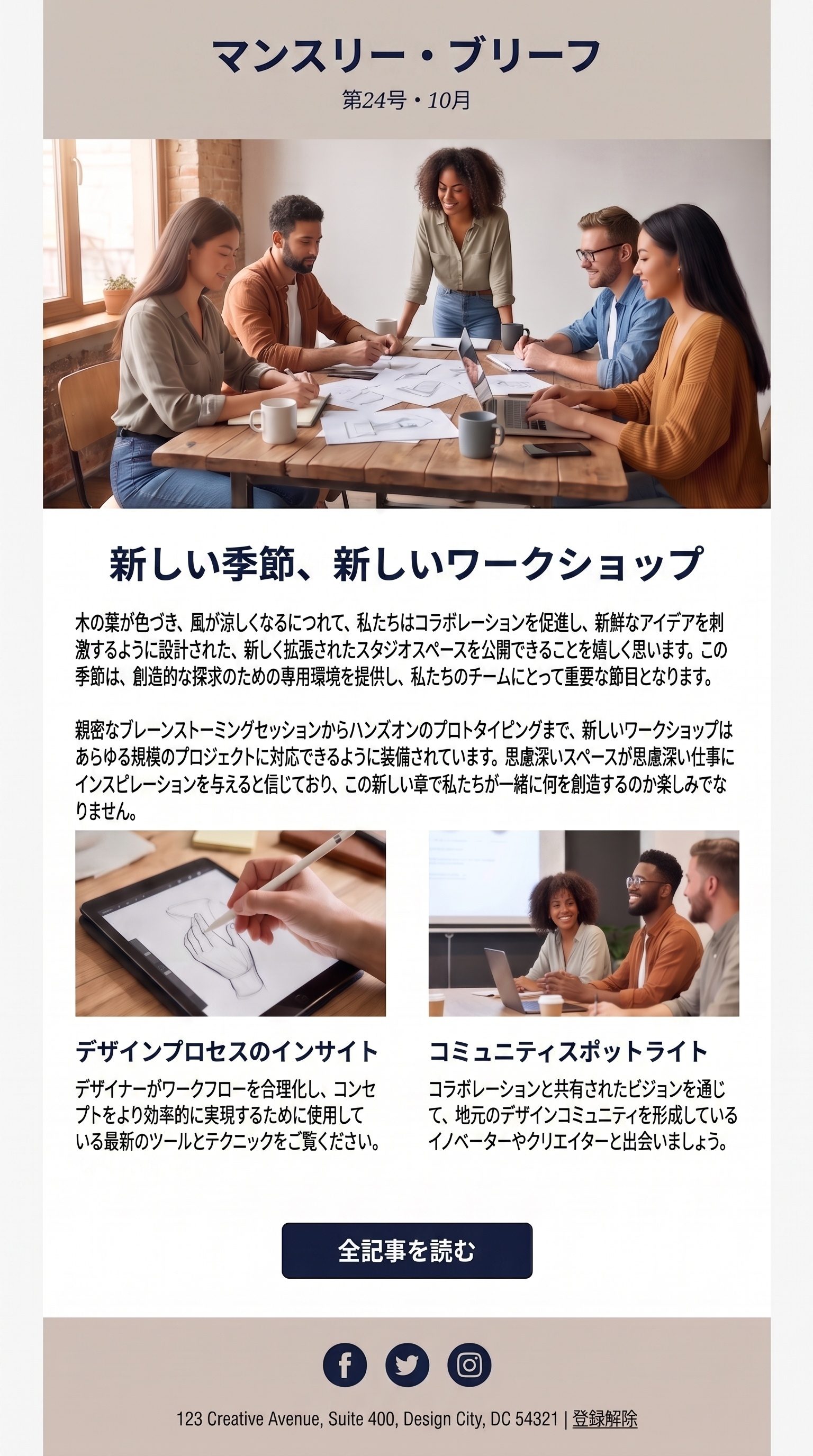 同じニュースレターが320pxのスマホ幅で1カラムに積み直された状態