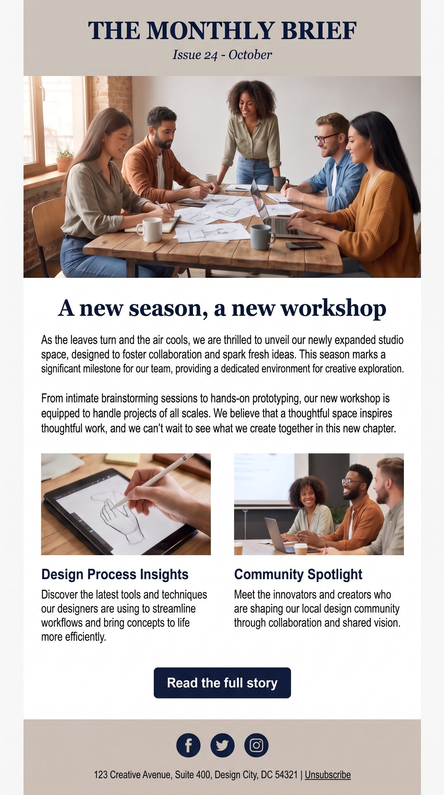 The same newsletter re-stacked into a single column at 320px phone width